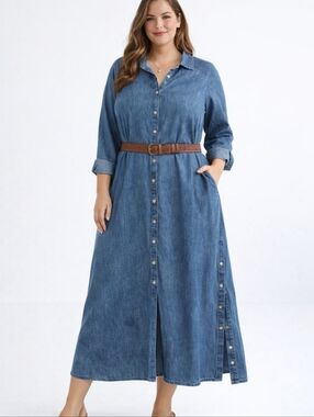 Pure Jill Indigo Demin Midi Dress Plus  2x Button Front Plus Summer Cotton Boho